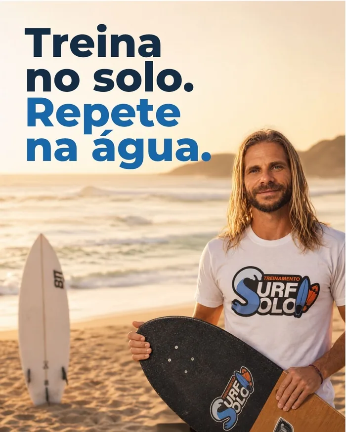 Marcel Barbosa, criador do SURFSOLO®, na praia com a prancha e o surfskate