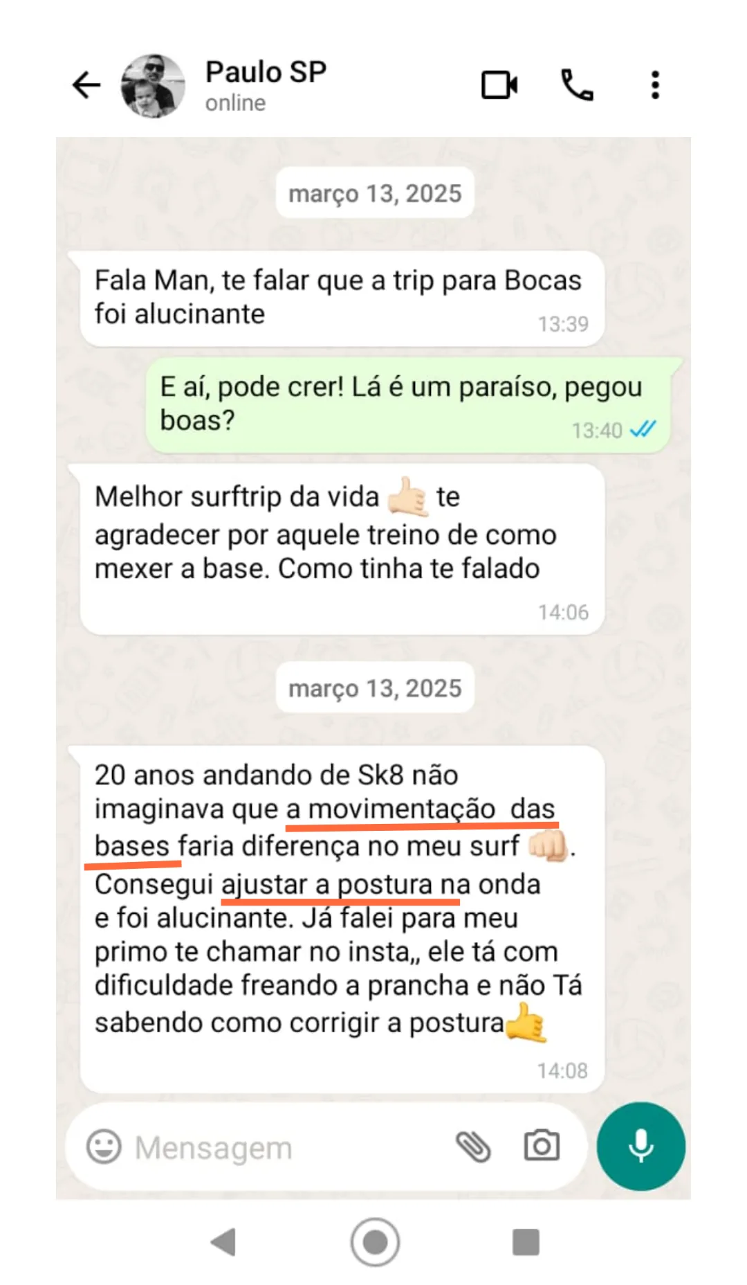 Mensagem de WhatsApp do Paulo sobre o ajuste de postura na onda