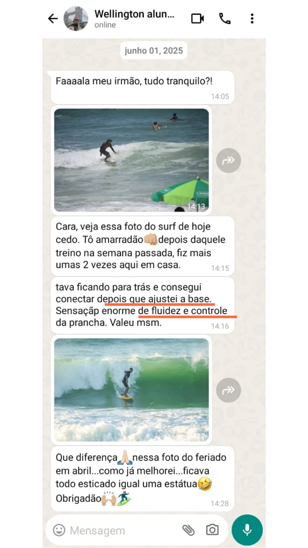 Mensagem de WhatsApp do Wellington sobre fluidez e controle da prancha