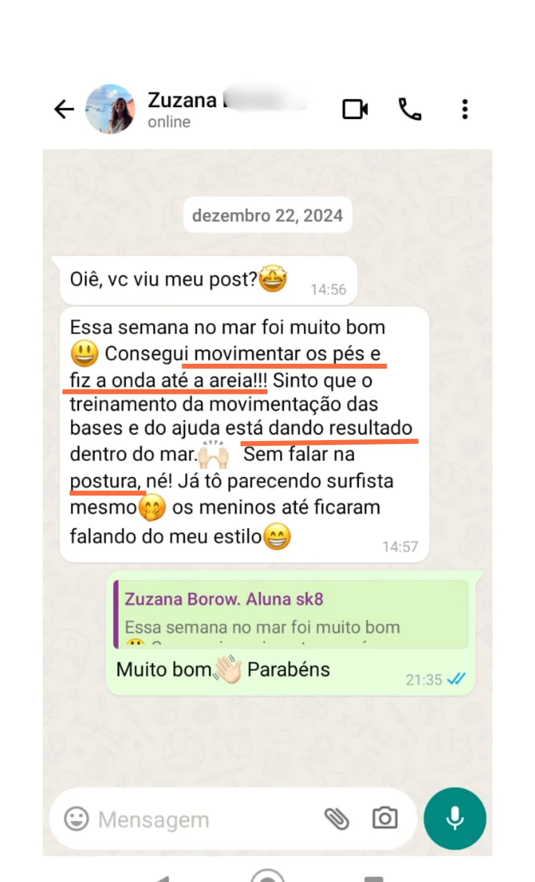 Mensagem de WhatsApp da Zuzana sobre o resultado na água